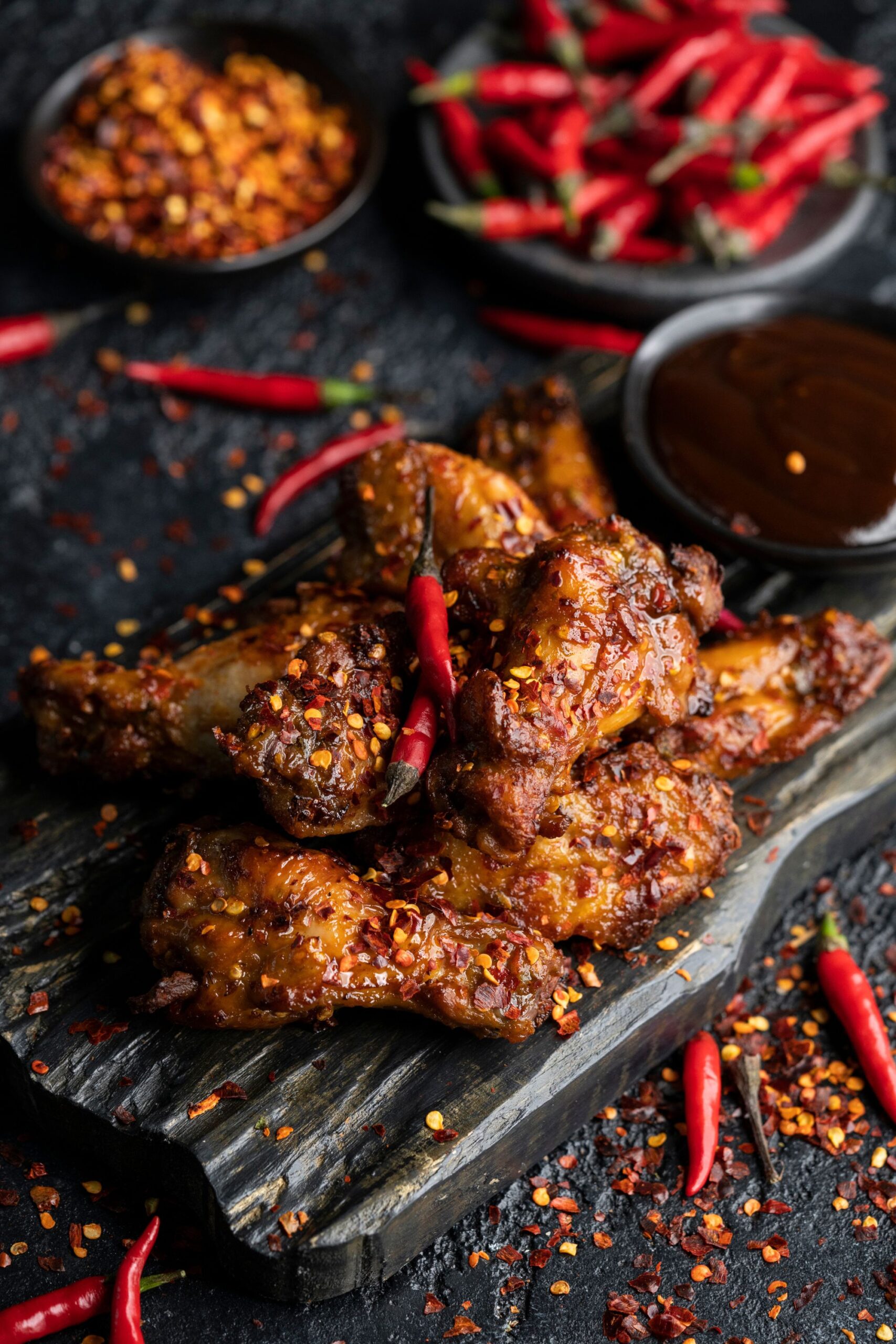 grilled chicken on a black plate with red peppers on top