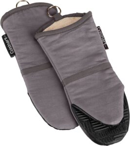 A set of gray oven mitts
